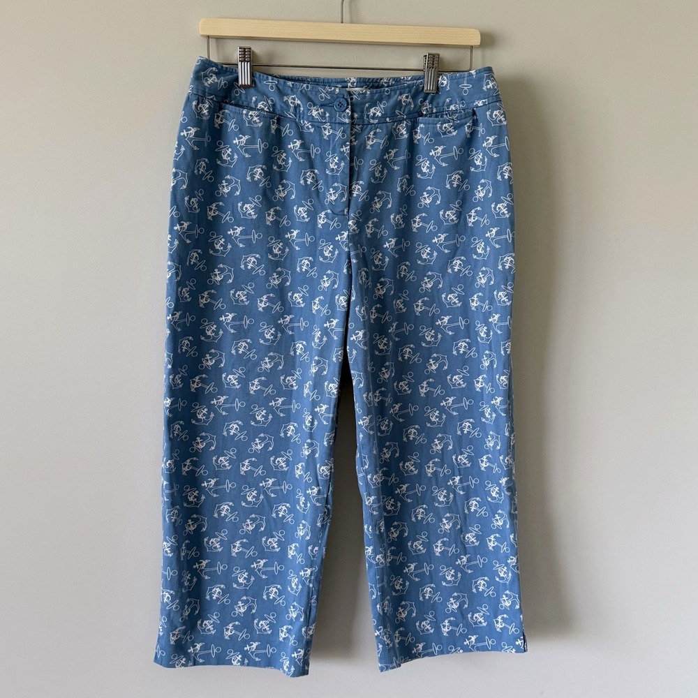 Pendleton Womens Blue White Anchor Print Crop Pants Nautical Cotton Stretch Sz 8